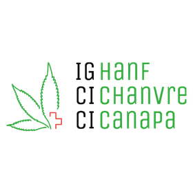 Logo de l'association de l'industrie du cannabis IG Hanf avec une feuille de chanvre verte, croix suisse et nom multilingue.