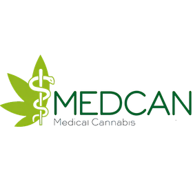 Logo de cannabis médical MEDCAN avec une feuille de cannabis verte et un symbole de pharmacie sur fond transparent.